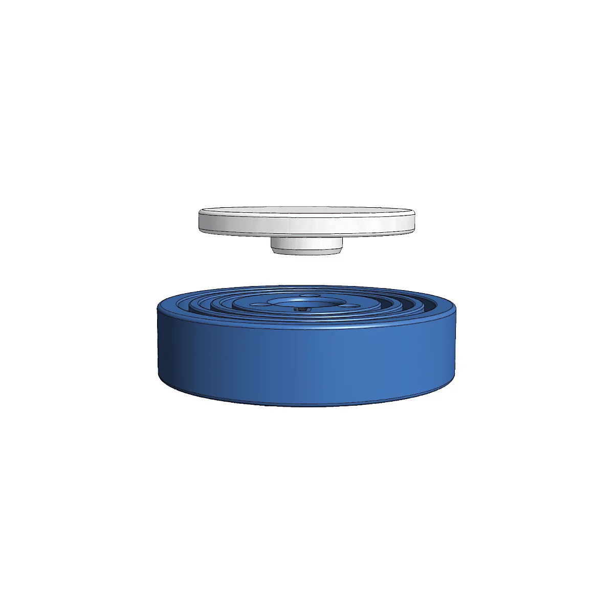 Zwei zylindrische Objekte: ein blaues, geriffeltes Unterteil, und ein weißes Oberteil, das darüber schwebt.